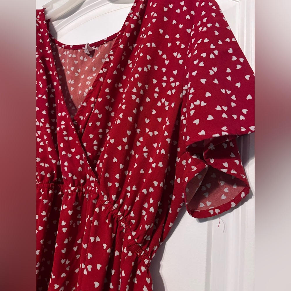 Red Floral V-Neck Short Sleeve Dress L Plus - Picture 5 of 6